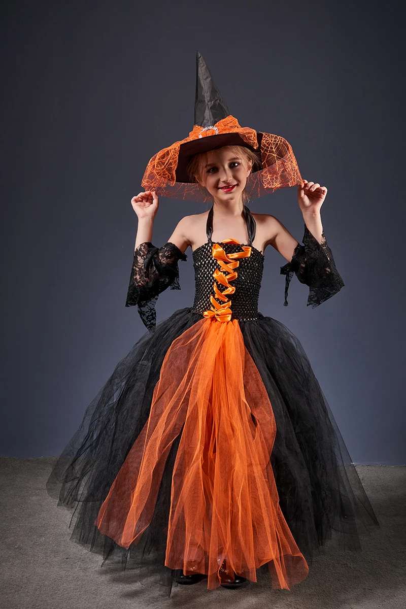 Girls Gothic Halloween Ghost Witch Costume Flare Sleeve Kids Gown Robe Tutu Dress with Witch Hat for Purim Carnival Party