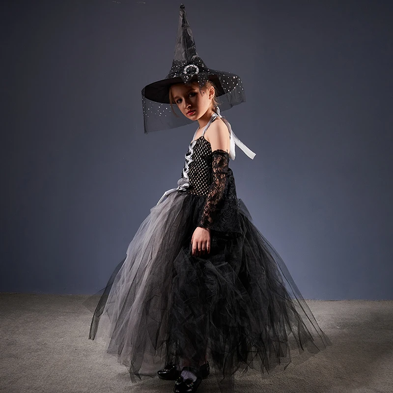 Girls Gothic Halloween Ghost Witch Costume Flare Sleeve Kids Gown Robe Tutu Dress with Witch Hat for Purim Carnival Party