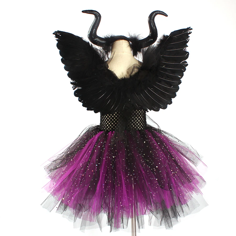 Glittery Black & Purple Kids Evil Witch Tutu Dress Girls Dark Fairy Witch Tutu Halloween Cosplay Costume With Horns and Wings