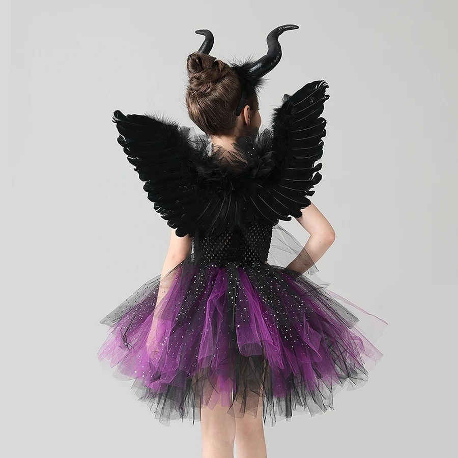 Glittery Black & Purple Kids Evil Witch Tutu Dress Girls Dark Fairy Witch Tutu Halloween Cosplay Costume With Horns and Wings