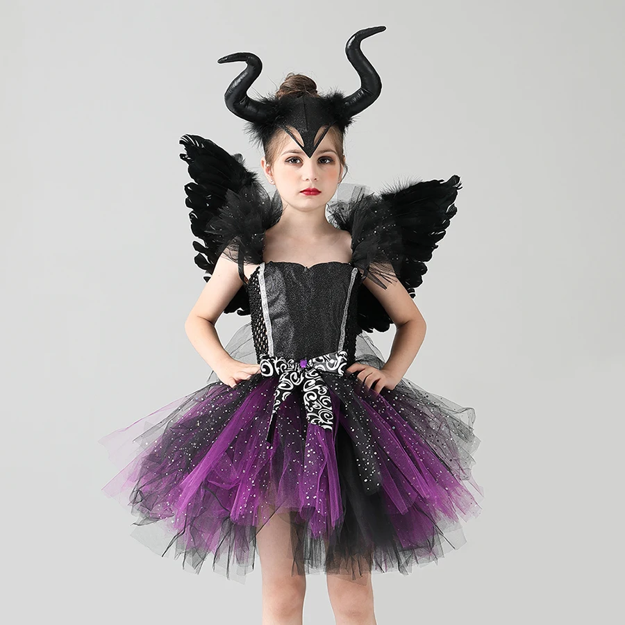 Glittery Black & Purple Kids Evil Witch Tutu Dress Girls Dark Fairy Witch Tutu Halloween Cosplay Costume With Horns and Wings