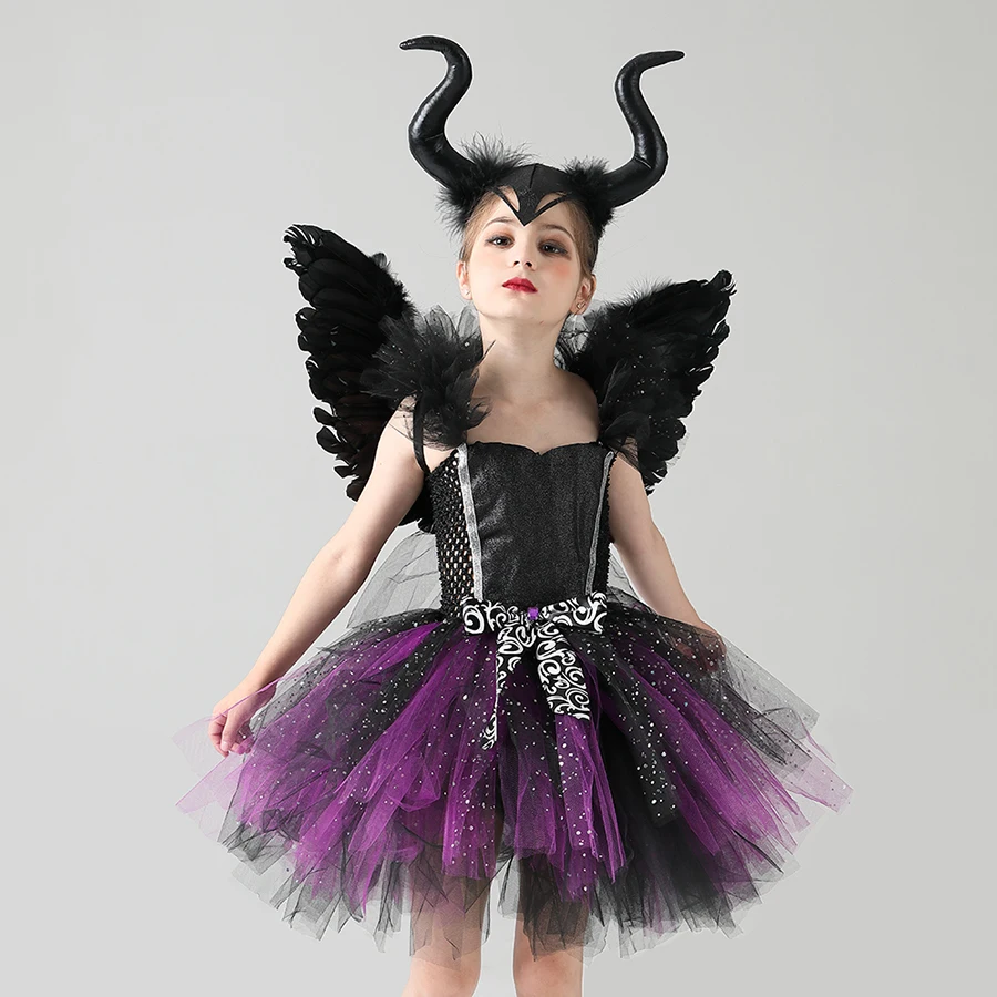 Glittery Black & Purple Kids Evil Witch Tutu Dress Girls Dark Fairy Witch Tutu Halloween Cosplay Costume With Horns and Wings