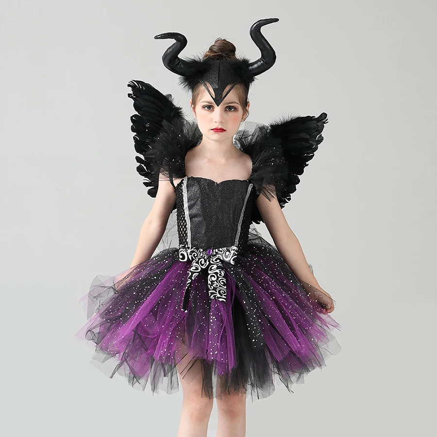Glittery Black & Purple Kids Evil Witch Tutu Dress Girls Dark Fairy Witch Tutu Halloween Cosplay Costume With Horns and Wings