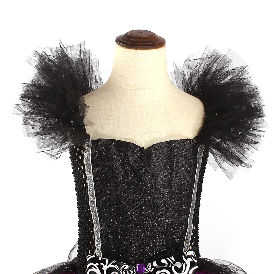 Glittery Black & Purple Kids Evil Witch Tutu Dress Girls Dark Fairy Witch Tutu Halloween Cosplay Costume With Horns and Wings
