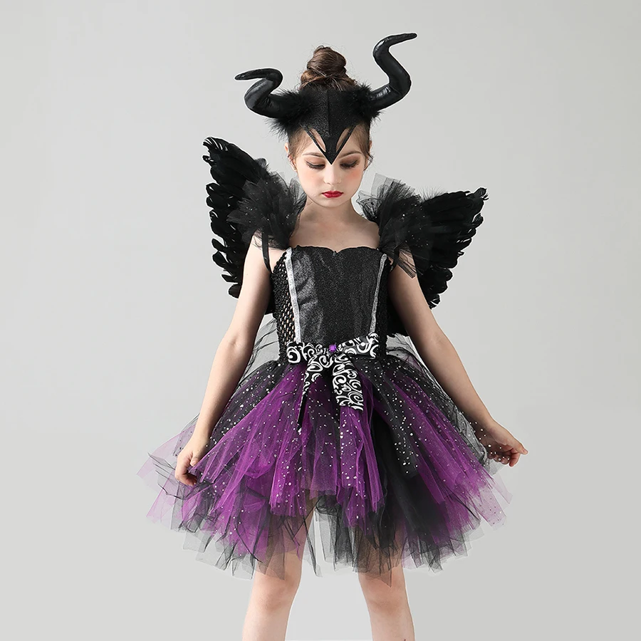 Glittery Black & Purple Kids Evil Witch Tutu Dress Girls Dark Fairy Witch Tutu Halloween Cosplay Costume With Horns and Wings