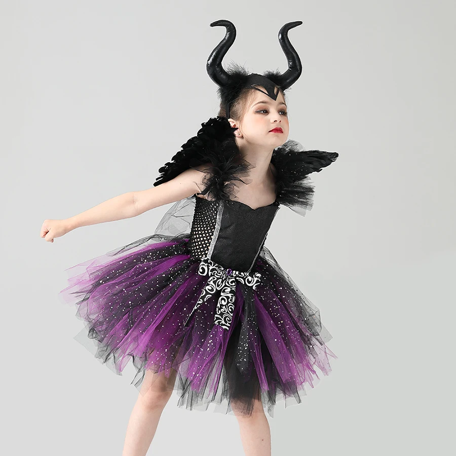 Glittery Black & Purple Kids Evil Witch Tutu Dress Girls Dark Fairy Witch Tutu Halloween Cosplay Costume With Horns and Wings