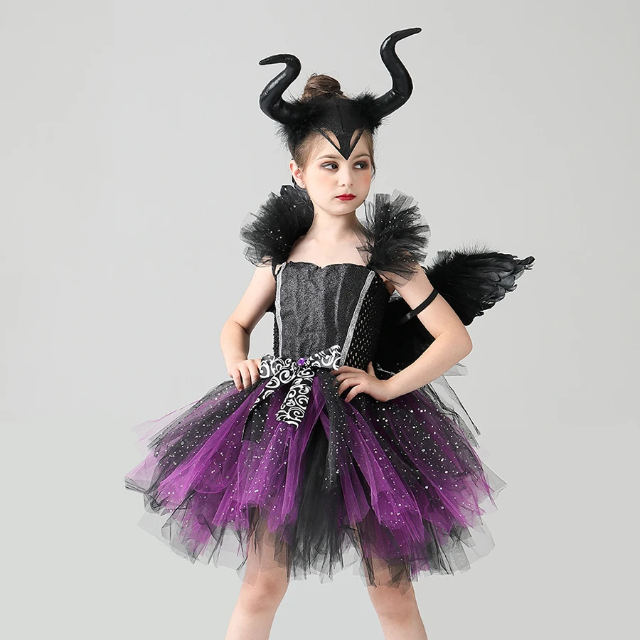 Glittery Black & Purple Kids Evil Witch Tutu Dress Girls Dark Fairy Witch Tutu Halloween Cosplay Costume With Horns and Wings