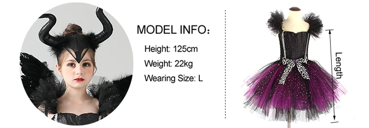 Glittery Black & Purple Kids Evil Witch Tutu Dress Girls Dark Fairy Witch Tutu Halloween Cosplay Costume With Horns and Wings