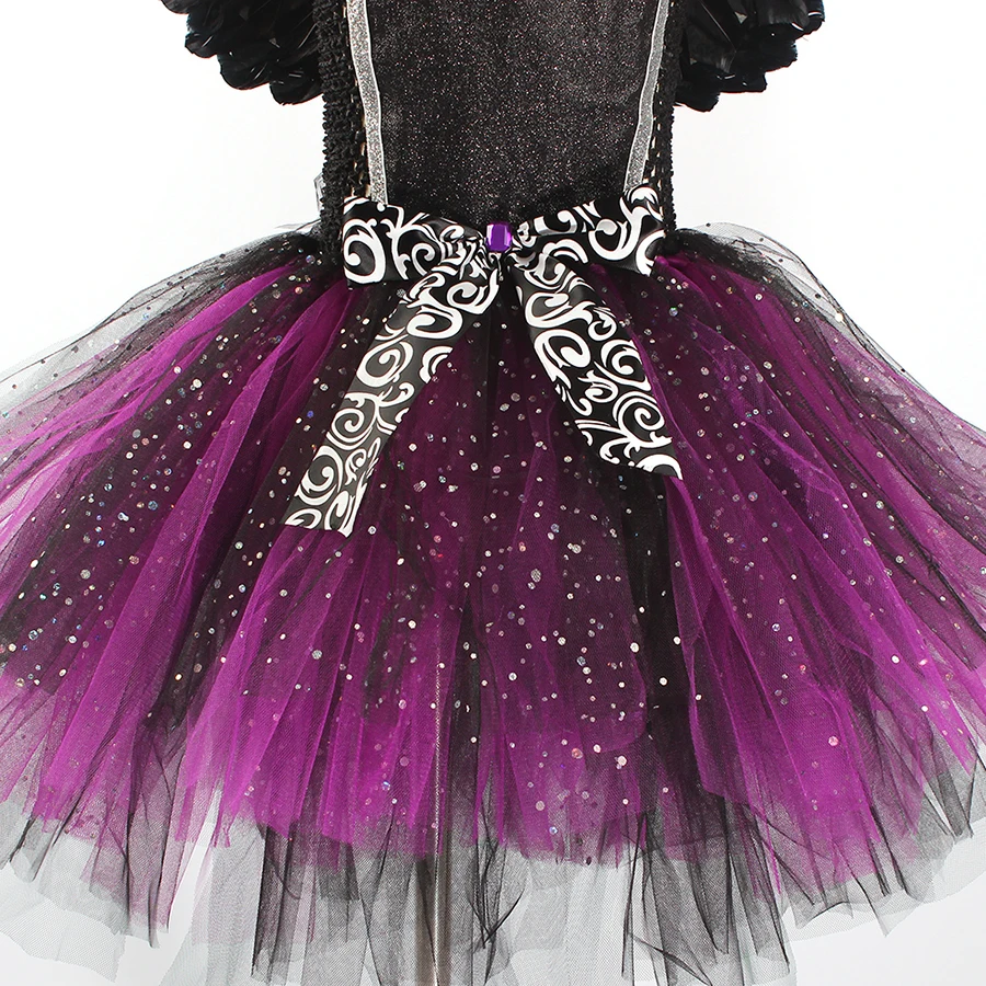 Glittery Black & Purple Kids Evil Witch Tutu Dress Girls Dark Fairy Witch Tutu Halloween Cosplay Costume With Horns and Wings