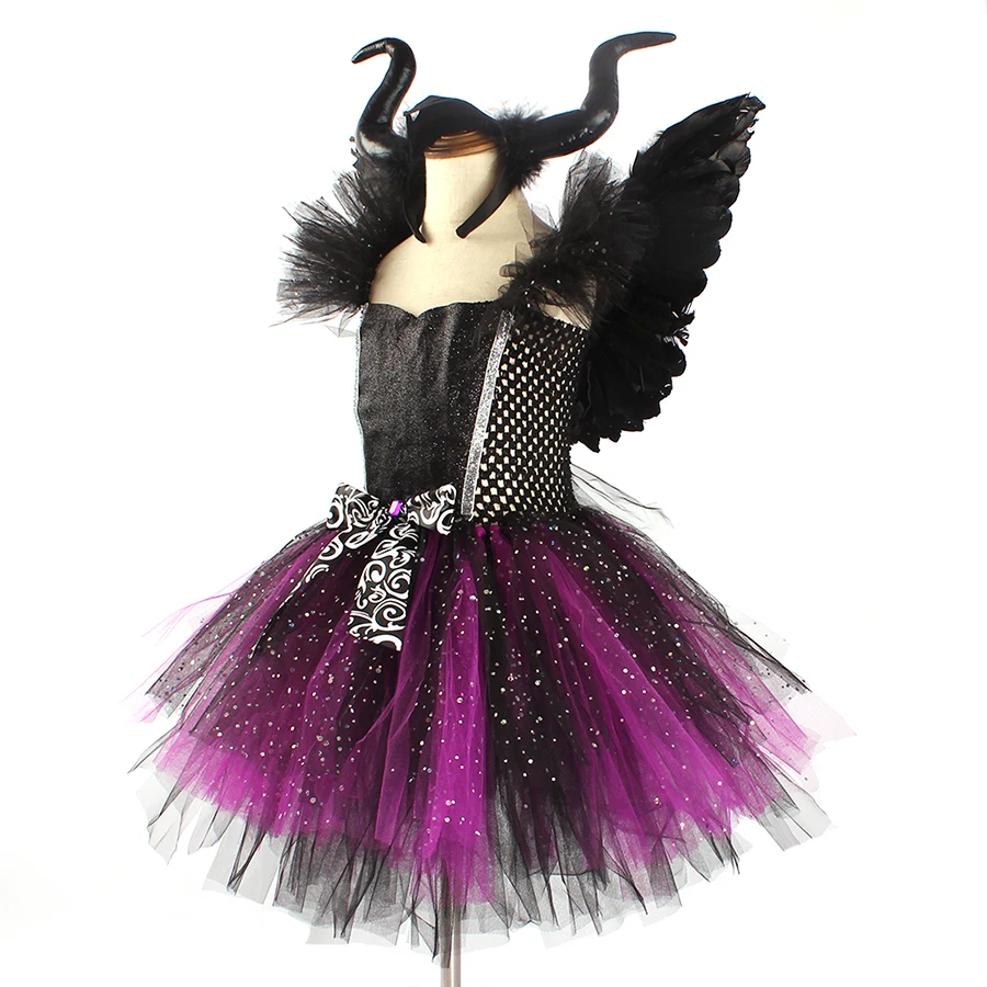 Glittery Black & Purple Kids Evil Witch Tutu Dress Girls Dark Fairy Witch Tutu Halloween Cosplay Costume With Horns and Wings