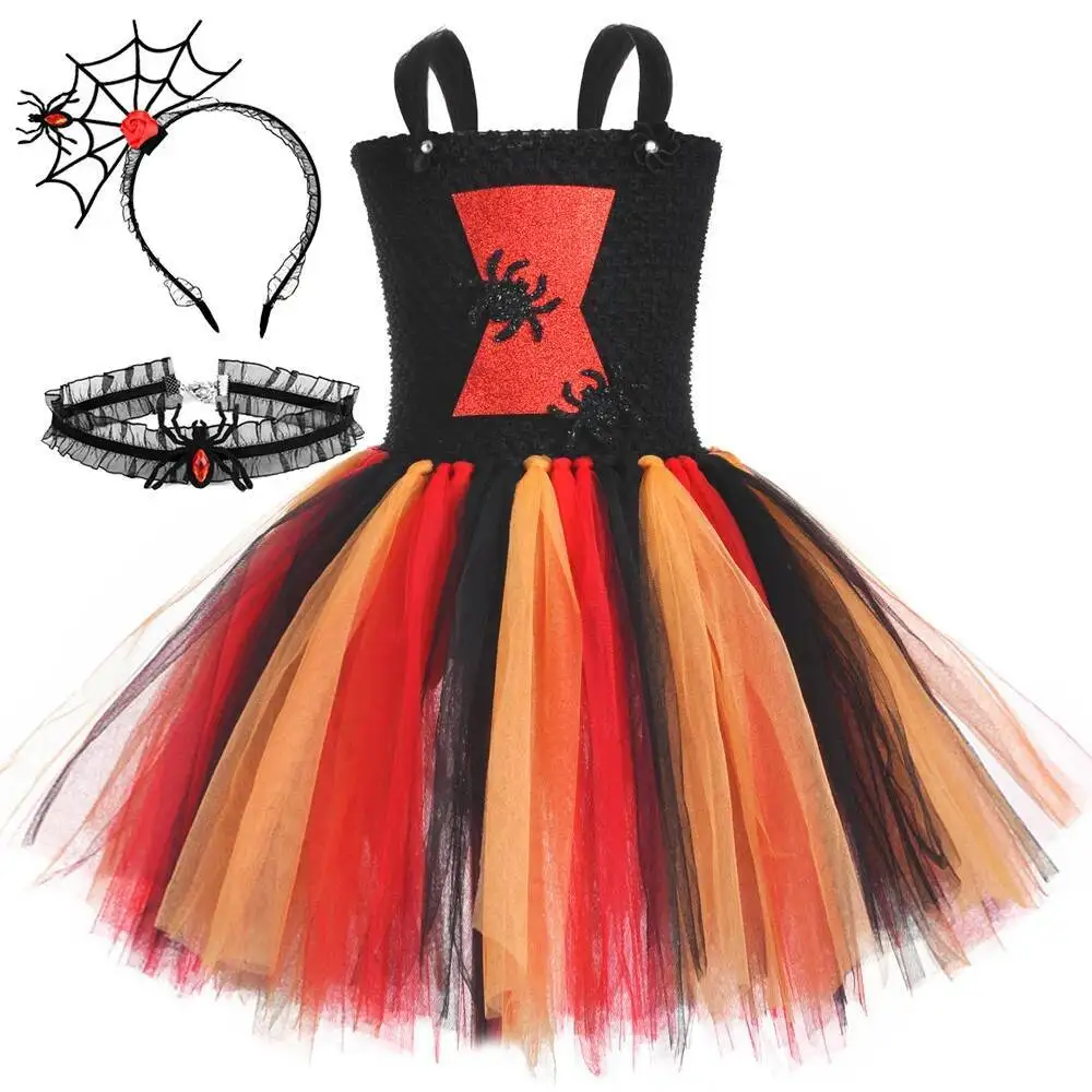 Widow Spider Halloween Costumes for Girls Spider Witch Fancy Tutu Dress Children Carnival Party Outfits Kids Disguise Clothes