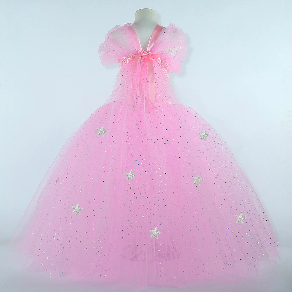 Sparkly Pink Glinda Witch Costumes for Girls Halloween Long Tutu Dress with Silver Stars Puff Sleeves Princess Ball Gown Outfit