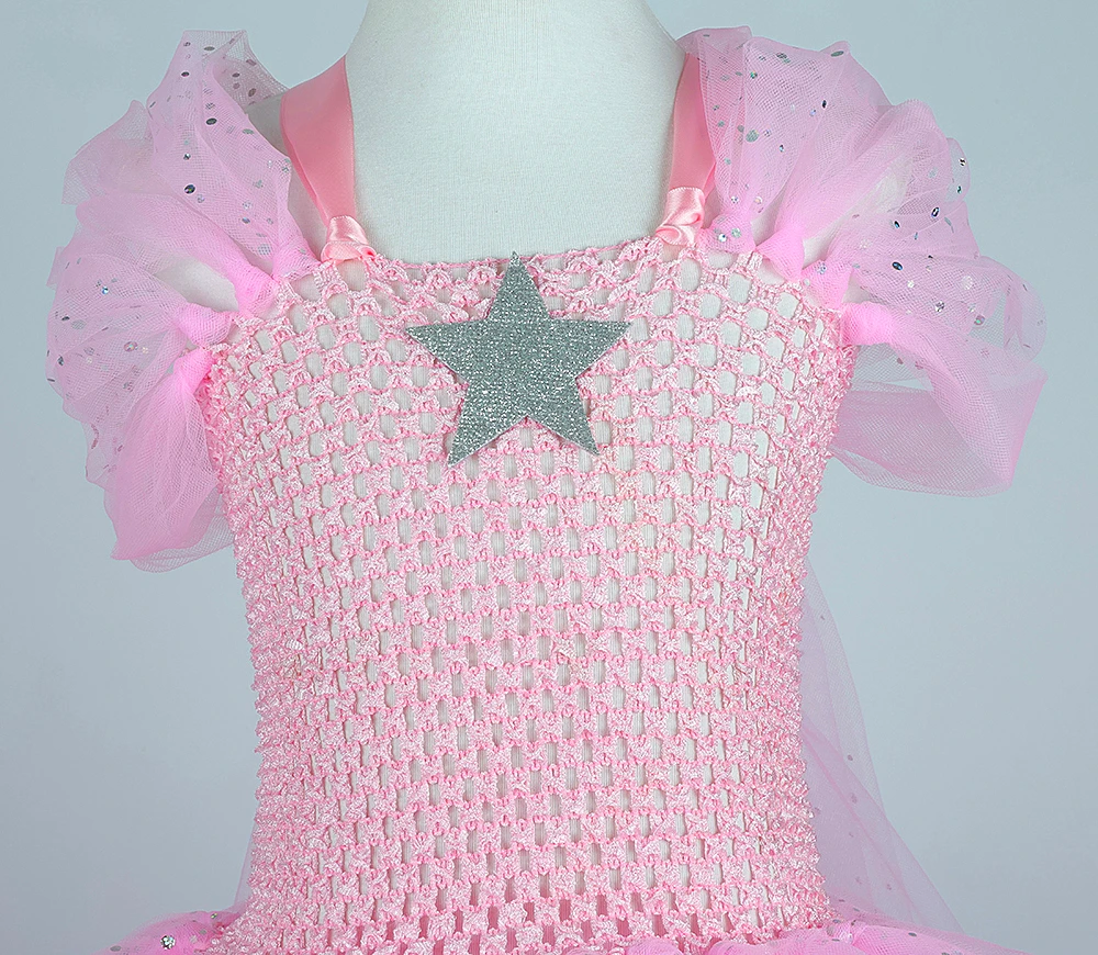 Sparkly Pink Glinda Witch Costumes for Girls Halloween Long Tutu Dress with Silver Stars Puff Sleeves Princess Ball Gown Outfit