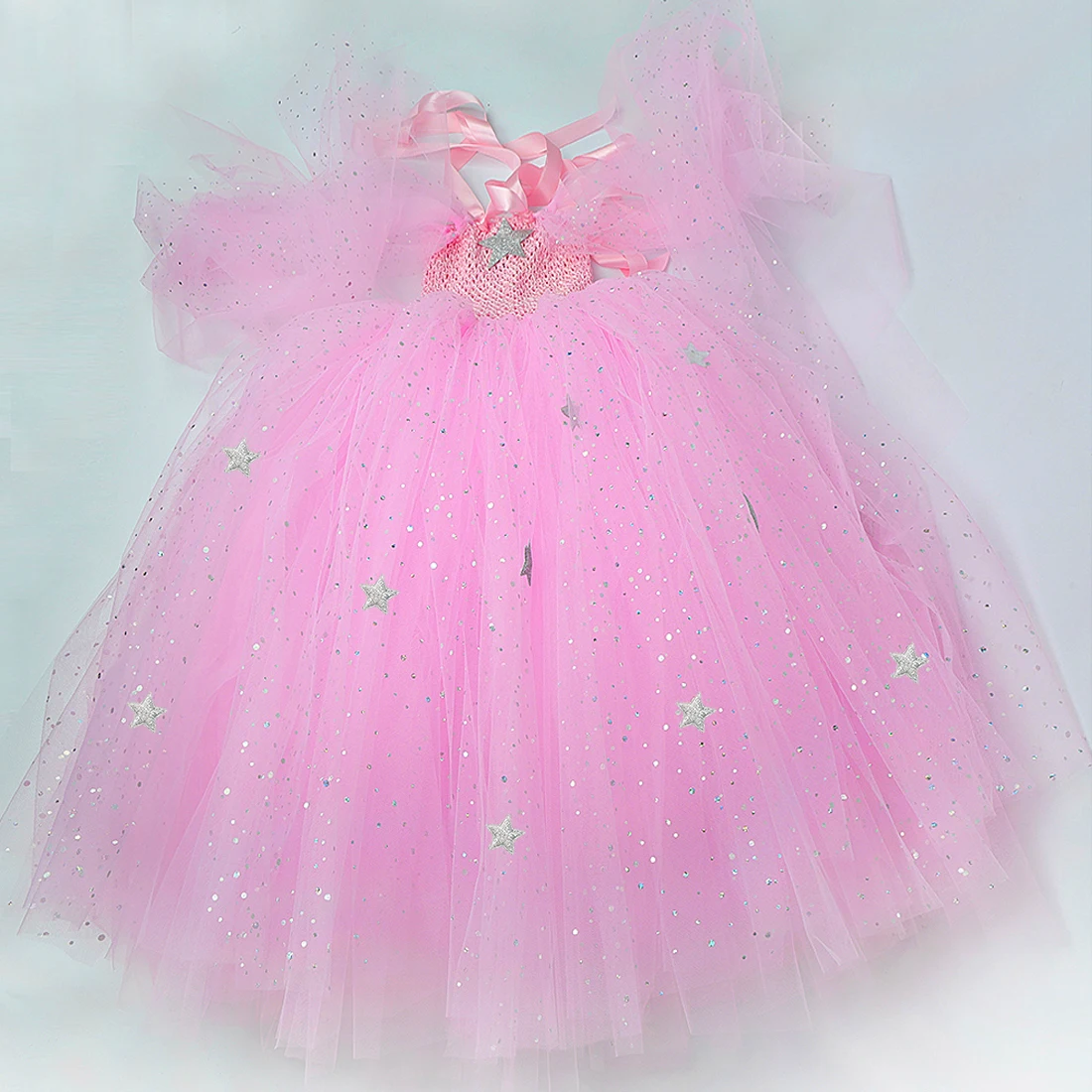 Sparkly Pink Glinda Witch Costumes for Girls Halloween Long Tutu Dress with Silver Stars Puff Sleeves Princess Ball Gown Outfit