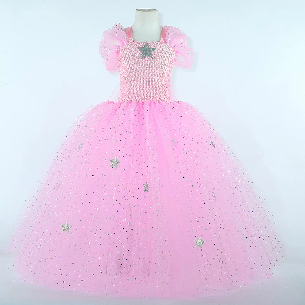 Sparkly Pink Glinda Witch Costumes for Girls Halloween Long Tutu Dress with Silver Stars Puff Sleeves Princess Ball Gown Outfit