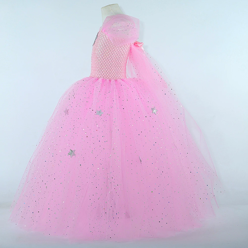 Sparkly Pink Glinda Witch Costumes for Girls Halloween Long Tutu Dress with Silver Stars Puff Sleeves Princess Ball Gown Outfit