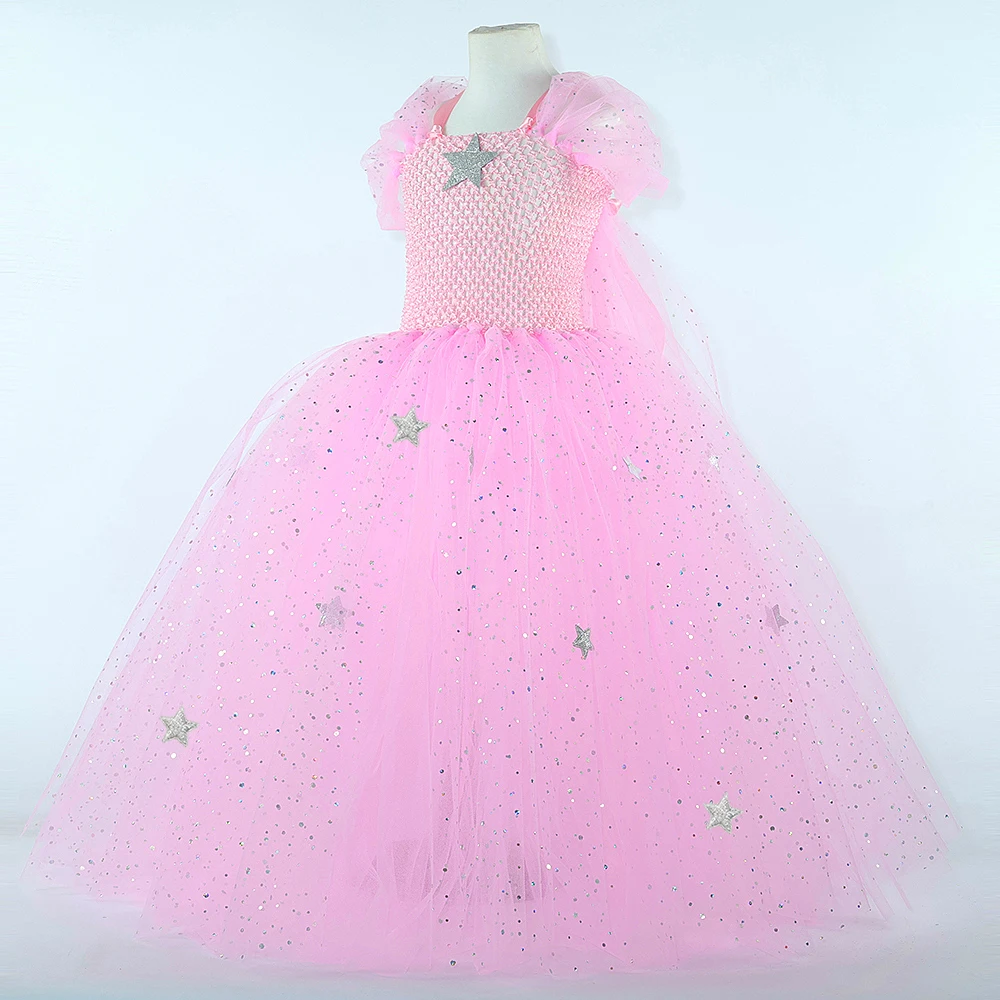 Sparkly Pink Glinda Witch Costumes for Girls Halloween Long Tutu Dress with Silver Stars Puff Sleeves Princess Ball Gown Outfit