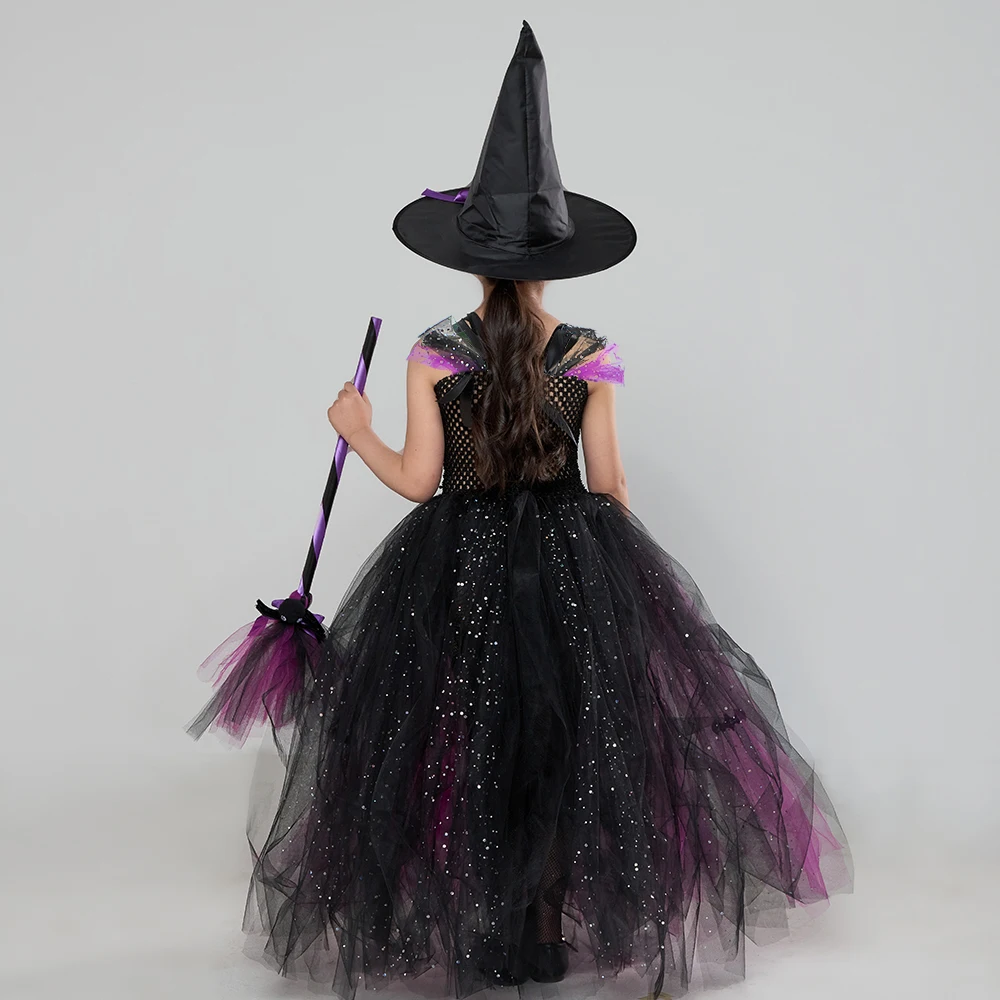 Fairytale Sparkly Bat Witch Halloween Costume Girls Vampire Tutu Dress with Broom Hat Kids Role Play Cosplay Party Fancy Dress Fairytale Sparkly Bat Witch Halloween Costume Girls Vampire Tutu Dress with Broom Hat Kids Role Play Cosplay Party Fancy Dress