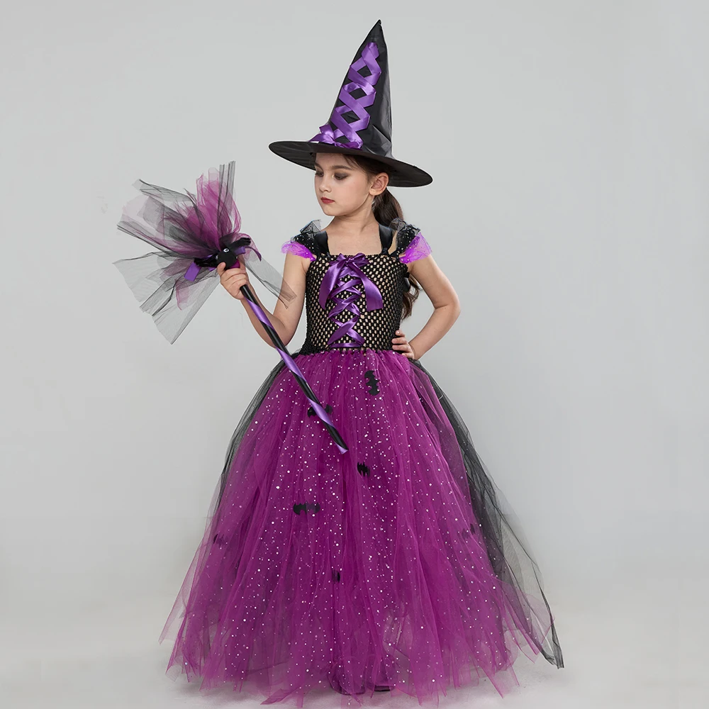 Fairytale Sparkly Bat Witch Halloween Costume Girls Vampire Tutu Dress with Broom Hat Kids Role Play Cosplay Party Fancy Dress Fairytale Sparkly Bat Witch Halloween Costume Girls Vampire Tutu Dress with Broom Hat Kids Role Play Cosplay Party Fancy Dress