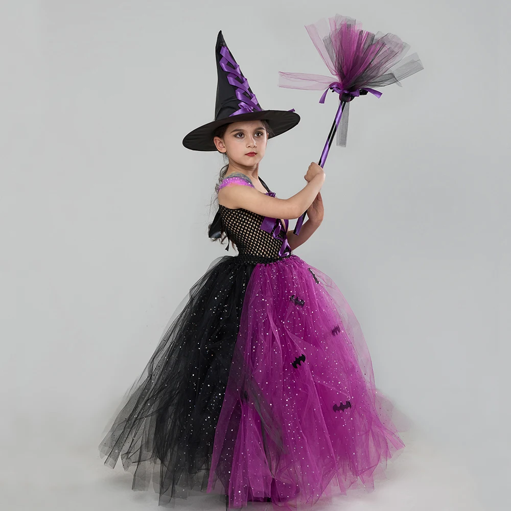 Fairytale Sparkly Bat Witch Halloween Costume Girls Vampire Tutu Dress with Broom Hat Kids Role Play Cosplay Party Fancy Dress Fairytale Sparkly Bat Witch Halloween Costume Girls Vampire Tutu Dress with Broom Hat Kids Role Play Cosplay Party Fancy Dress