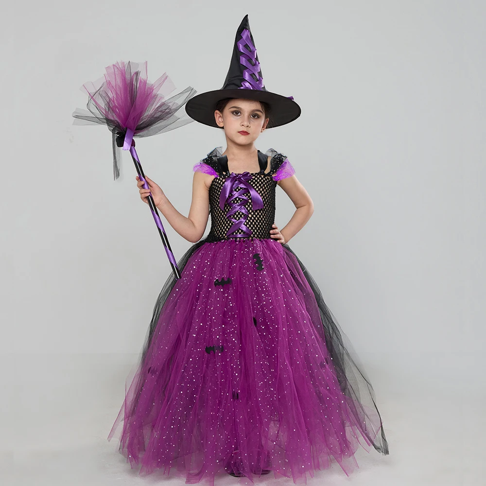 Fairytale Sparkly Bat Witch Halloween Costume Girls Vampire Tutu Dress with Broom Hat Kids Role Play Cosplay Party Fancy Dress Fairytale Sparkly Bat Witch Halloween Costume Girls Vampire Tutu Dress with Broom Hat Kids Role Play Cosplay Party Fancy Dress