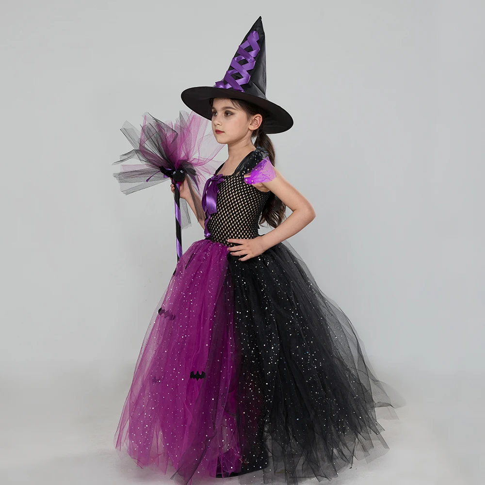 Fairytale Sparkly Bat Witch Halloween Costume Girls Vampire Tutu Dress with Broom Hat Kids Role Play Cosplay Party Fancy Dress Fairytale Sparkly Bat Witch Halloween Costume Girls Vampire Tutu Dress with Broom Hat Kids Role Play Cosplay Party Fancy Dress