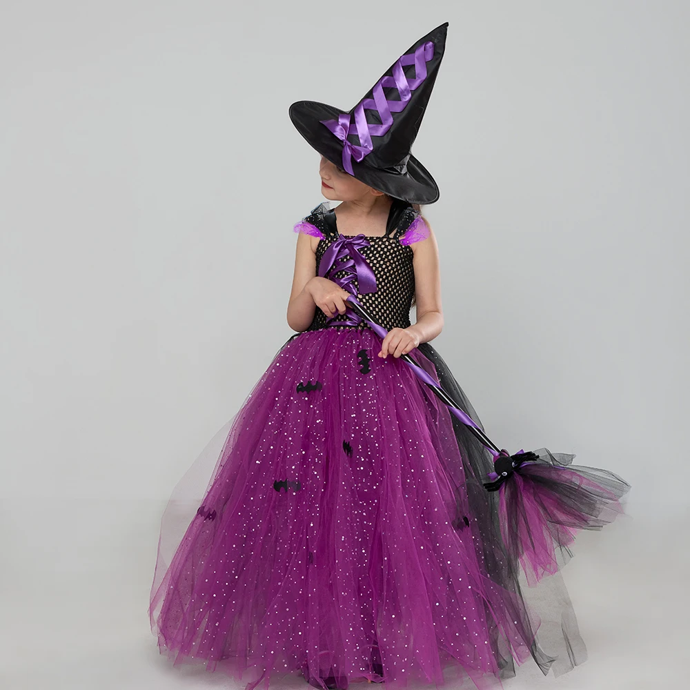 Fairytale Sparkly Bat Witch Halloween Costume Girls Vampire Tutu Dress with Broom Hat Kids Role Play Cosplay Party Fancy Dress Fairytale Sparkly Bat Witch Halloween Costume Girls Vampire Tutu Dress with Broom Hat Kids Role Play Cosplay Party Fancy Dress