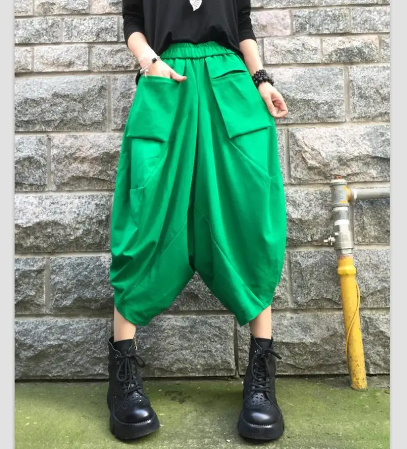 Spring Nine-point Pants Women's Vintage Loose All-match Casual Wide-leg Pants Bloomers Elastic High Waist Haren Pants Streetwear