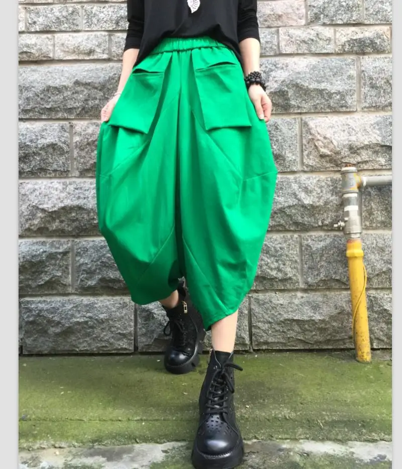 Spring Nine-point Pants Women's Vintage Loose All-match Casual Wide-leg Pants Bloomers Elastic High Waist Haren Pants Streetwear