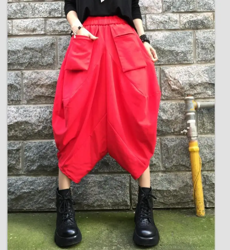 Spring Nine-point Pants Women's Vintage Loose All-match Casual Wide-leg Pants Bloomers Elastic High Waist Haren Pants Streetwear