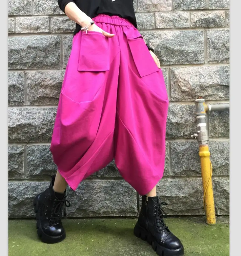 Spring Nine-point Pants Women's Vintage Loose All-match Casual Wide-leg Pants Bloomers Elastic High Waist Haren Pants Streetwear
