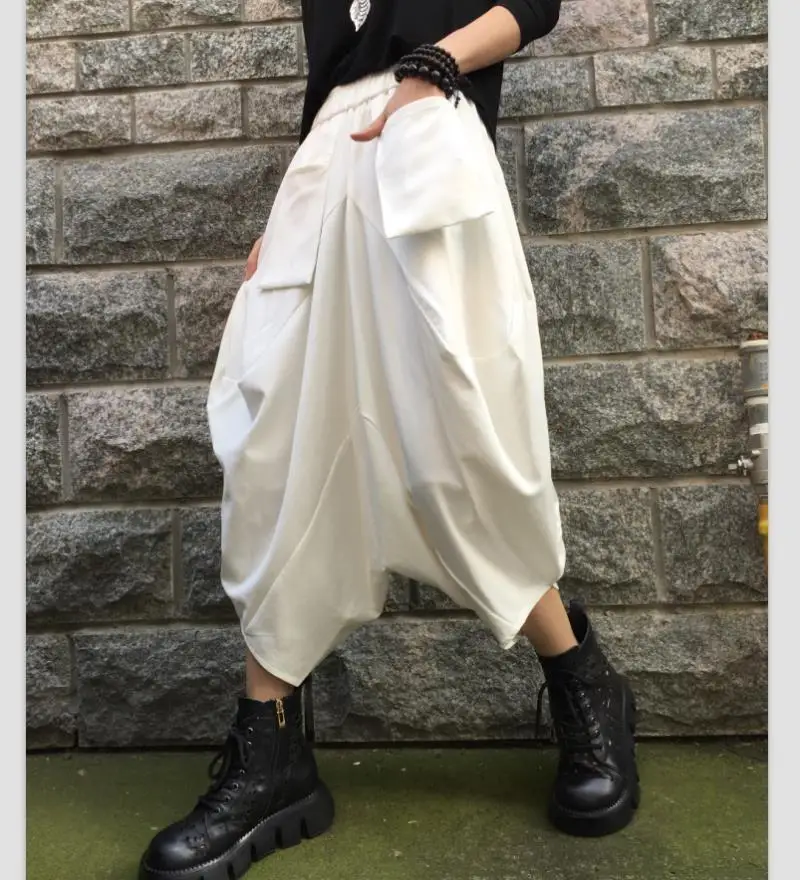 Spring Nine-point Pants Women's Vintage Loose All-match Casual Wide-leg Pants Bloomers Elastic High Waist Haren Pants Streetwear