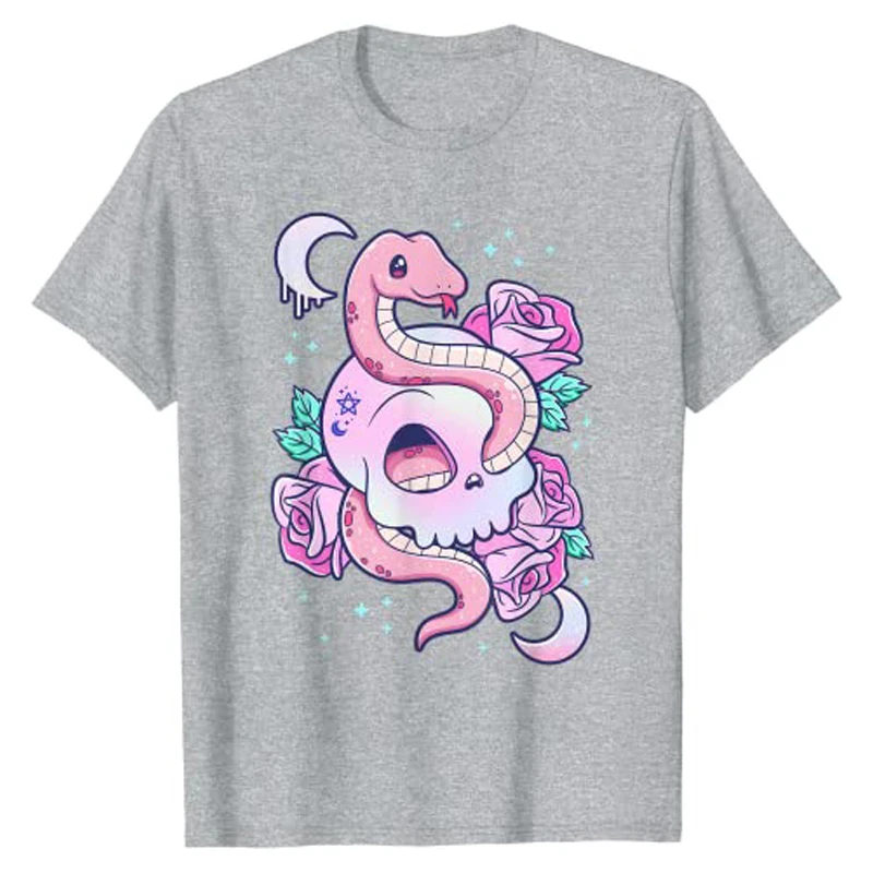 Kawaii Pastel Goth Cute Creepy Witchy Cat and Skull T-Shirt Cartoon Creepy-Skull Serpent Snake Roses Shirts 3 Headed Dog Clothes