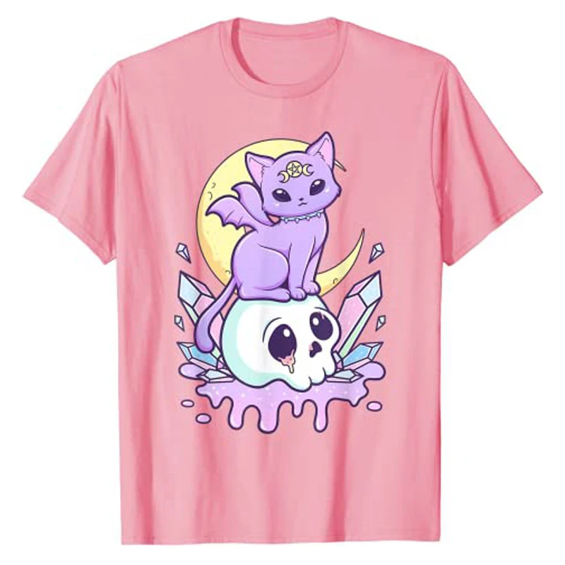 Kawaii Pastel Goth Cute Creepy Witchy Cat and Skull T-Shirt Cartoon Creepy-Skull Serpent Snake Roses Shirts 3 Headed Dog Clothes
