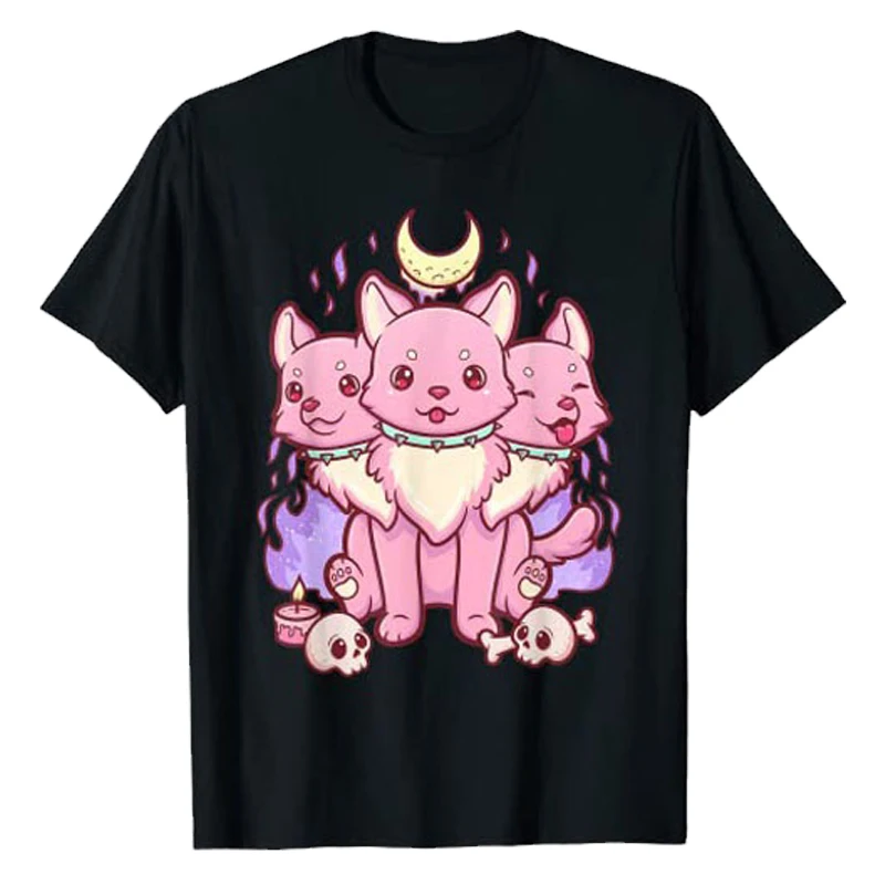 Kawaii Pastel Goth Cute Creepy Witchy Cat and Skull T-Shirt Cartoon Creepy-Skull Serpent Snake Roses Shirts 3 Headed Dog Clothes