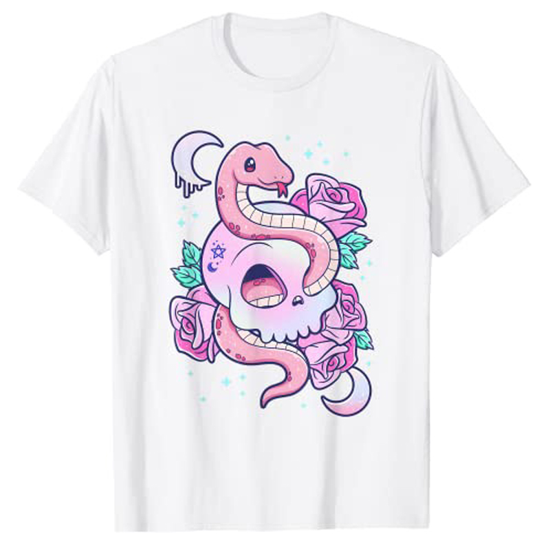 Kawaii Pastel Goth Cute Creepy Witchy Cat and Skull T-Shirt Cartoon Creepy-Skull Serpent Snake Roses Shirts 3 Headed Dog Clothes
