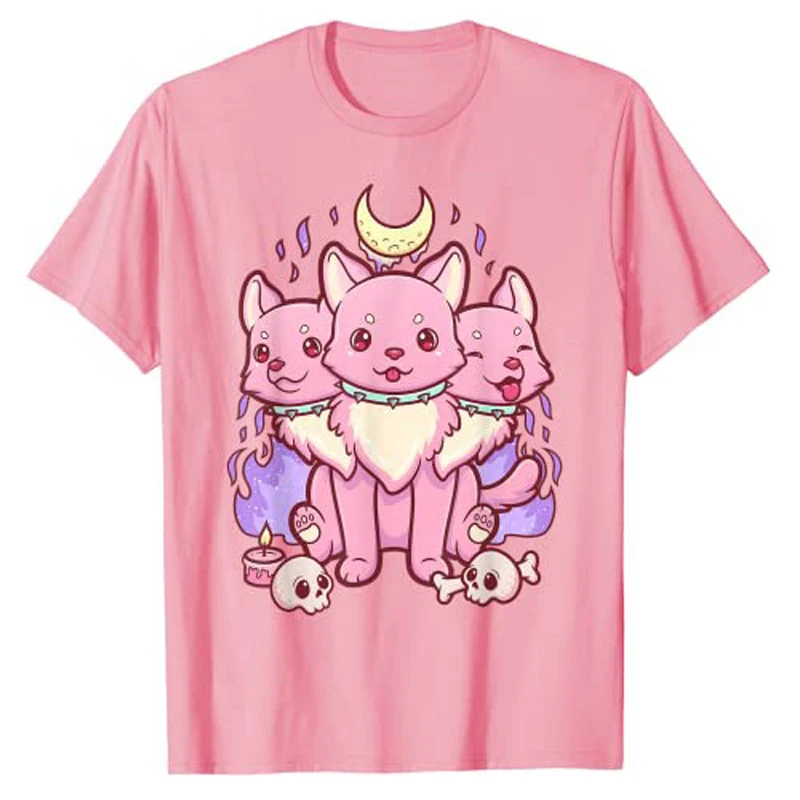 Kawaii Pastel Goth Cute Creepy Witchy Cat and Skull T-Shirt Cartoon Creepy-Skull Serpent Snake Roses Shirts 3 Headed Dog Clothes