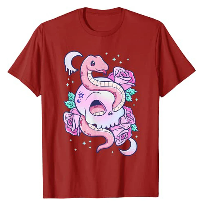 Kawaii Pastel Goth Cute Creepy Witchy Cat and Skull T-Shirt Cartoon Creepy-Skull Serpent Snake Roses Shirts 3 Headed Dog Clothes