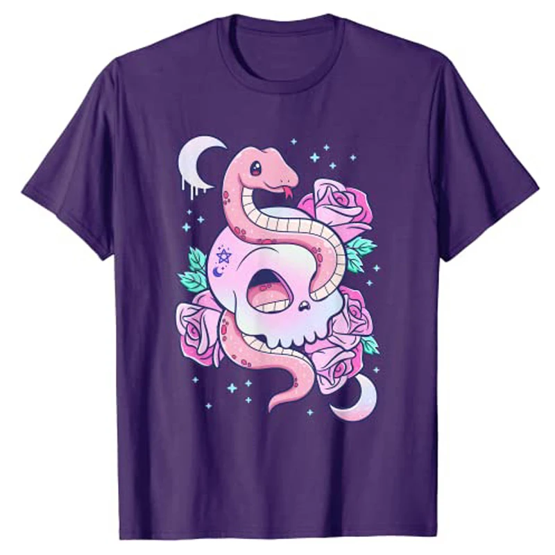 Kawaii Pastel Goth Cute Creepy Witchy Cat and Skull T-Shirt Cartoon Creepy-Skull Serpent Snake Roses Shirts 3 Headed Dog Clothes