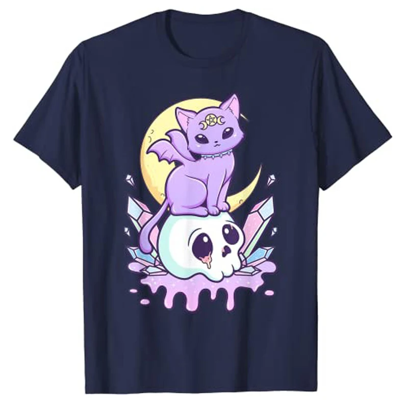 Kawaii Pastel Goth Cute Creepy Witchy Cat and Skull T-Shirt Cartoon Creepy-Skull Serpent Snake Roses Shirts 3 Headed Dog Clothes