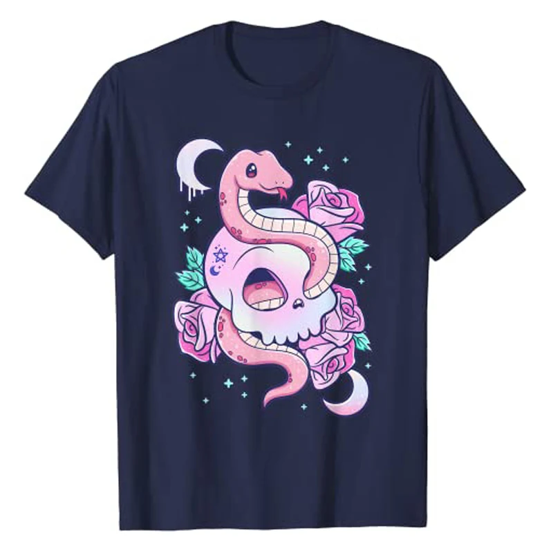 Kawaii Pastel Goth Cute Creepy Witchy Cat and Skull T-Shirt Cartoon Creepy-Skull Serpent Snake Roses Shirts 3 Headed Dog Clothes