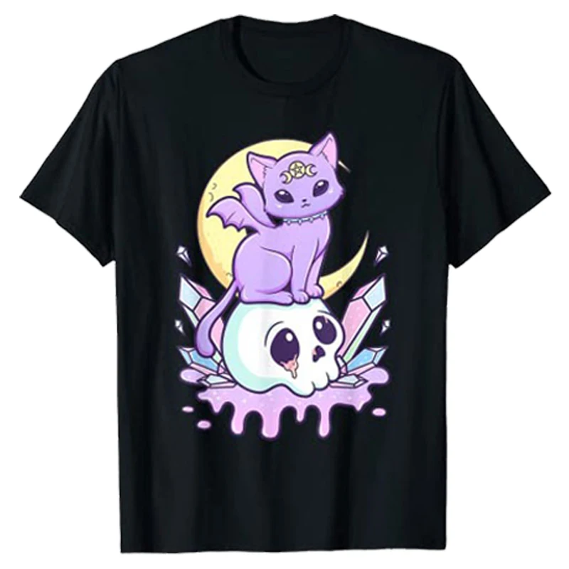 Kawaii Pastel Goth Cute Creepy Witchy Cat and Skull T-Shirt Cartoon Creepy-Skull Serpent Snake Roses Shirts 3 Headed Dog Clothes