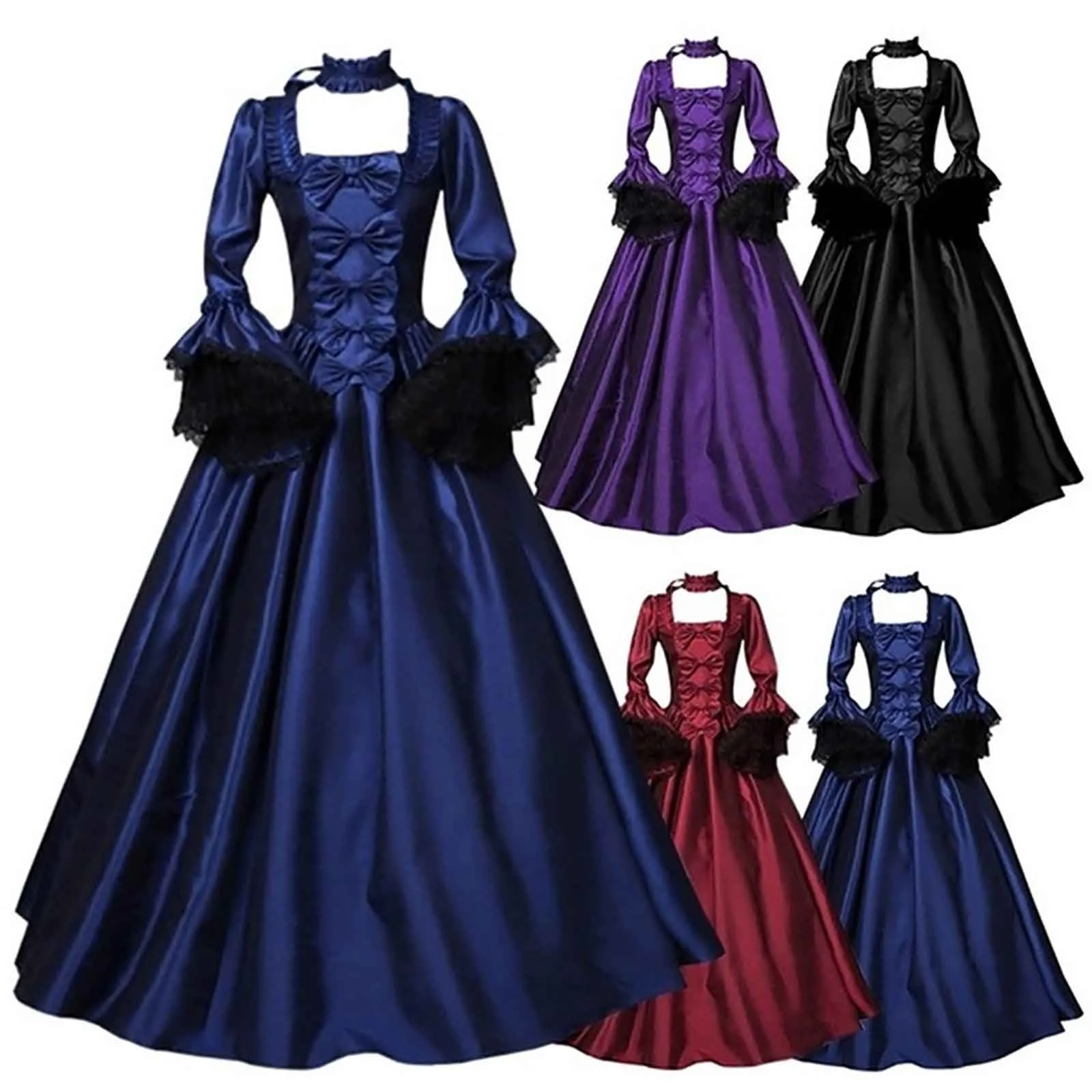 Medieval Victorian Court Lace Patchwork Gothic Dress Halloween Witch Cosplay Party Costume Square Neck Flare Sleeve Maxi Dress