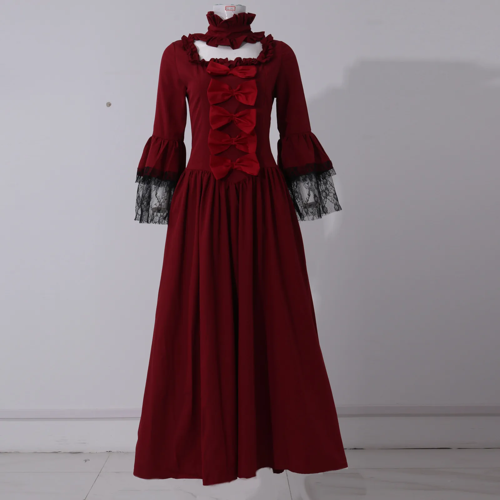 Medieval Victorian Court Lace Patchwork Gothic Dress Halloween Witch Cosplay Party Costume Square Neck Flare Sleeve Maxi Dress