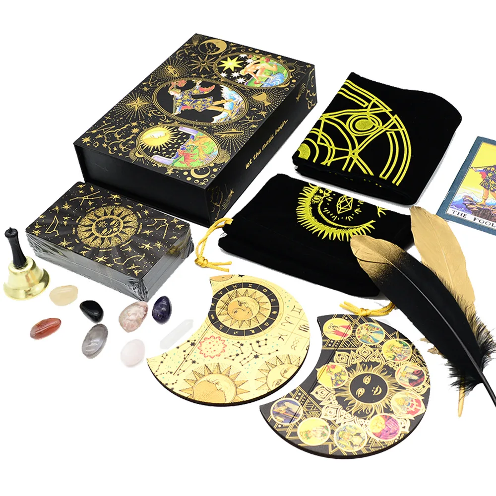 new 12X7cm Feather Black Gold Sun Tarot Card Gift Box Set Gold Foil Tarot Deck Stamping PVC Waterproof Wear Resistant Game Card