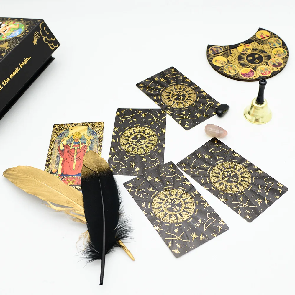 new 12X7cm Feather Black Gold Sun Tarot Card Gift Box Set Gold Foil Tarot Deck Stamping PVC Waterproof Wear Resistant Game Card