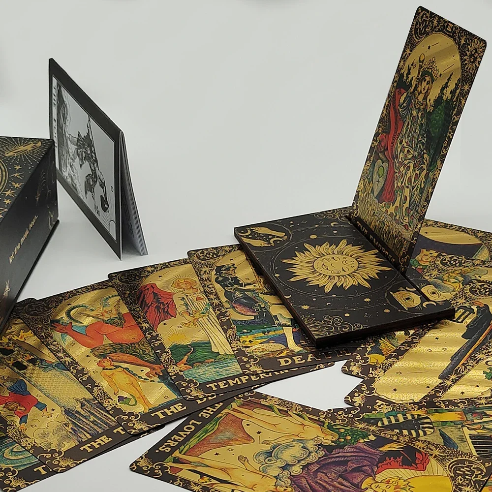 Luxe Gold Foil Tarot Cards Set with Wooden Stand for Predictive Readings Unique Waterproof Collectible Game for Beginners Luxe Gold Foil Tarot Cards Set with Wooden Stand for Predictive Readings Unique Waterproof Collectible Game for Beginners