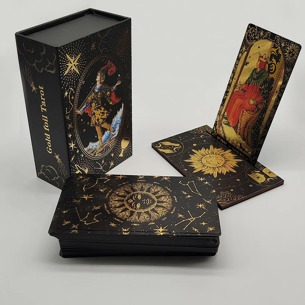Luxe Gold Foil Tarot Cards Set with Wooden Stand for Predictive Readings Unique Waterproof Collectible Game for Beginners Luxe Gold Foil Tarot Cards Set with Wooden Stand for Predictive Readings Unique Waterproof Collectible Game for Beginners