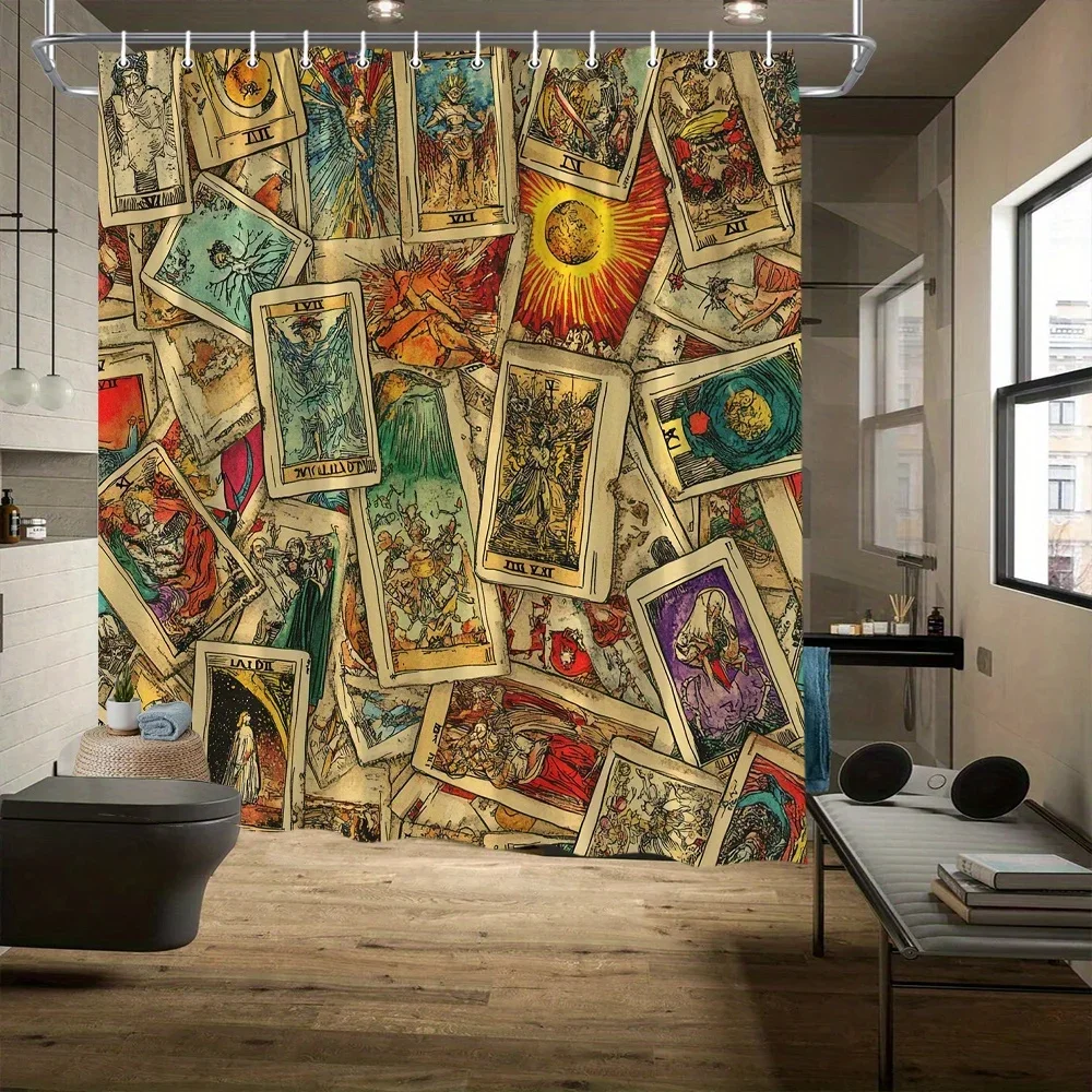 Vintage Tarot Cards Shower Curtain - Intricate Designs, Earthy Tones, 12 Hooks, Polyester, Tub & Bathroom Decor Vintage Tarot Cards Shower Curtain - Intricate Designs, Earthy Tones, 12 Hooks, Polyester, Tub & Bathroom Decor
