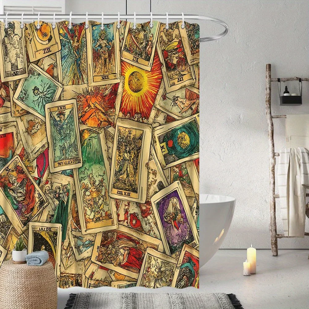 Vintage Tarot Cards Shower Curtain - Intricate Designs, Earthy Tones, 12 Hooks, Polyester, Tub & Bathroom Decor Vintage Tarot Cards Shower Curtain - Intricate Designs, Earthy Tones, 12 Hooks, Polyester, Tub & Bathroom Decor